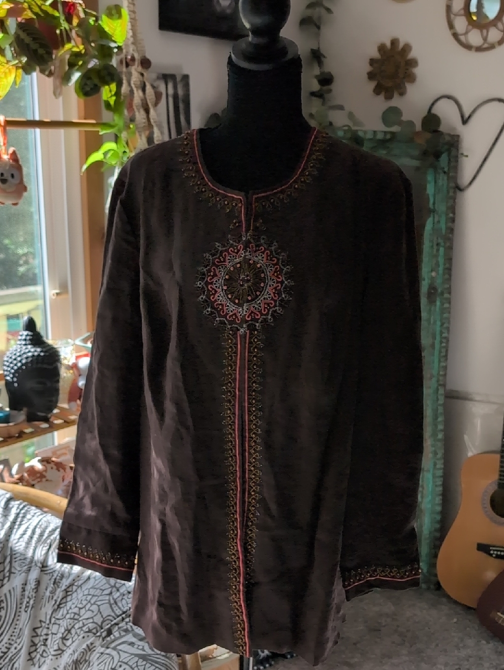 Sarah Spencer Brown Embroidered Tunic Jacket with Multicolor Accents